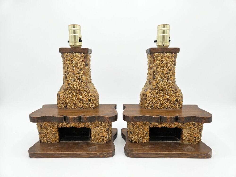 2 Vintage 60s Stone Fireplace Lamps Cabin Rustic Kitsch Western Folk Primitive